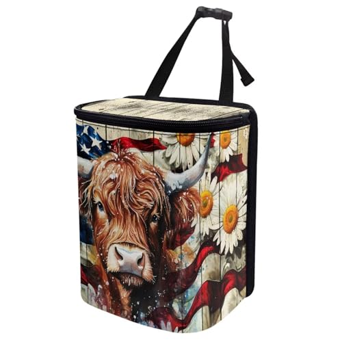 Image of Talayituse Highland Cattle Daisy Print Car Trash Can with Lid, American Flag Wood Leak Proof Auto Trash Bag Hanging Vehicle Garbage Can Multipurpose Storage Container for Back Seat Road Trip