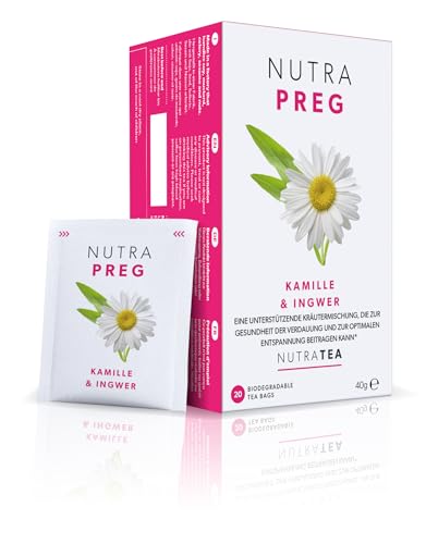 Nutra Tea NUTRAPREG, Schwangerschaftstee wirkt unterstützten während der Schwangerschaft, beugt Übelkeit vor, trägt zur Entspannung bei, 20 wiederverwendbare Teebeutel, mit Kamille & Ingwer