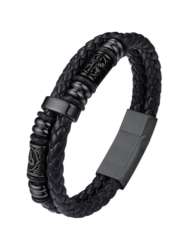 Bestyle Black Leather Bracelet for Men Double Layer Mens Leather Celtic Bracelets with Lucky Beads, Fashion Punk Retro Men Bracelet Leather Great Gift for Father Husband, 25cm/9.8 Inch