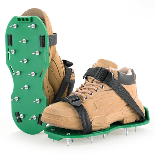 Acymner Lawn Aerator Shoes with 1.1''Spikes | Aerating Sandals with Adjustable Hook & Loop Straps, Spike Shoes for Epoxy Flooring, One-Size-Fits-All Yard Garden Grass Soil Aeration Tool (Green)