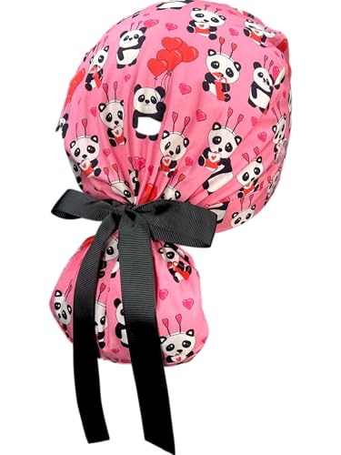 Image of Scrub Cap for Women and Men, Ponytail Scrub Caps, Working Hat, Head Cover with Ribbon Ties and Buttons, Long Hair