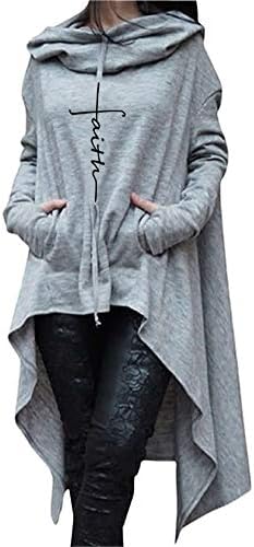 Rfecccy Faith Print Long Sleeve Loose Casual Pullovers Irregular Hem Long Hoodies for Women