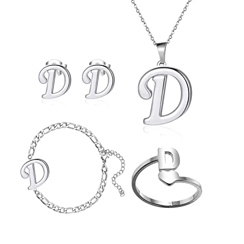 Loqimu 4 Pack Stainless Steel Initial Jewelry Sets for Women Silver Rings Bracelet Earrings Pendant Necklace Uppercase Choker Chain Ear Studs Jewelry Gift (D)