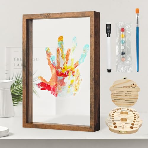 ADAJOEL Family Handprint Kit Baby Hand and Footprint Kit with Tooth Fairy Tooth Holder Fathers Day Gift Eco-Friendly Paint Transparent Boards 4 PCS (Brown)