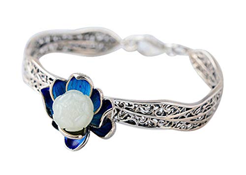 Bracelet argent 925 femme lotus jade de Hetian rétro punk pour couple et fiançailles