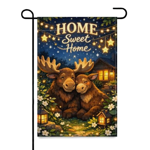 REZHOCH Fun Moose Garden Flag 12x18Inch,Cute Animals Night Garden Scene,Home Sweet Home Warm Cottage Lights Floral Yard Decor Outdoor Double Sided Farmhouse Lawn Porch Gift