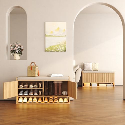HOMEFORT 39.4\" Fluted Shoe Storage Bench, Entryway Bench with Linen Seat Cushion, Shoe Cabinet Bench with Adjustable Shelf and Built-in LED Sensor Light, Bench for Bedroom End of Bed, Natural Oak - Thumbnail 3