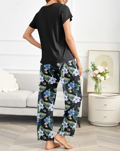 Image of Ekouaer Pajama Sets for Women Round Neck Pjs Short Sleeve Sleepwear with Long Pants Loose Lounge Sets