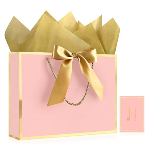 Image of JMANNI Gift Bags with Handles, 13 inch Medium Gift Bags with Tissue Paper | 1 Pcs Pink Bag, 2 Tissue Paper and 1 Cards, for Baby Shower, Wedding Bridal Shower, Birthday Party