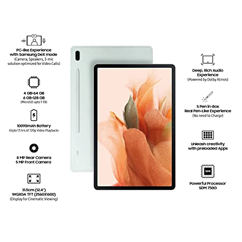 Image of Samsung Galaxy Tab S7 FE 31.5 cm (12.4 inch) Large Display, Slim Metal Body, Dolby Atmos Sound, S-Pen in Box, RAM 4 GB, ROM 64 GB Expandable, Wi-Fi+4G Tablet, Mystic Green