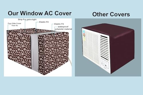 Image of The Furnishing Tree Elastic fit waterproof Polyester window ac cover suitable for Croma 1.5 Ton, Dustproof cover for inner and outer section, In CM: (67.31x66.04x45.72), Floral Pattern Coffee