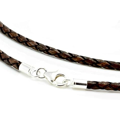 Antique Brown Leather Necklace with Silver Clasp Cover