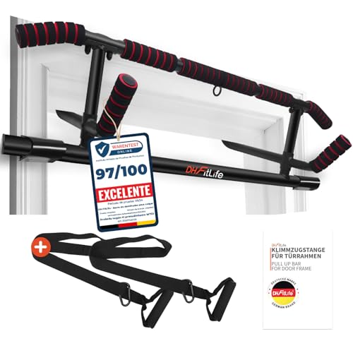 DH FitLife Barra de Dominadas para Marco de Puerta sin Tornillos | Pull up bar Doorway | Barra de Tracción Multifuncional para Colgar | incl. Entrenador de Suspensión | para Puerta de 70 – 92 cm