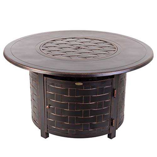 Fire Sense 62208 Perissa Basketweave Aluminum Convertible Gas Fire Pit Table 55,000 Btu Multi-Functional Outdoor With Fire Bowl Lid, Nylon Weather Cover & Clear Fire Glass Bronze Finish - Round - 44" #TOP2