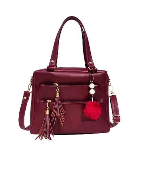 Image of Ladies Faux Leather Satchel Handbag, Burgundy, Double Zip Compartments, Tassel Charm, Pom Pom Accessory, Shoulder Strap