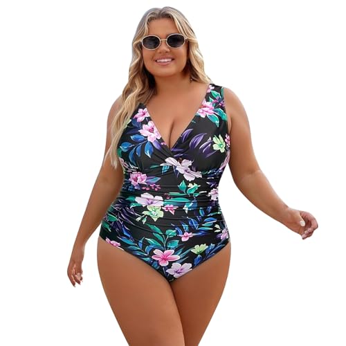Bañador de una Pieza Mujer Talla Grande, Escote V Cruzado con Fruncidos, Estampado Floral Tropical, Reductor, Playa y Piscina