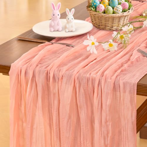 Image of Socomi Coral Peach Easter Spring Cheesecloth Table Runner Boho Rustic Gauze 120 inch 10FT Cheese Cloth Runner for Wedding Party Baby Shower Birthday Home Decor Holiday Decorations