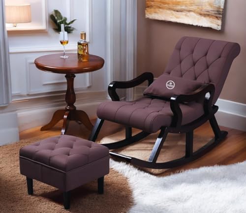 Image of Solid Sheesham Wood Rocking Chair for Living Room with Footrest and Pillow | Ergonomic Resting Chair with Ottoman for Relaxing and Pregnant Women (Brown)