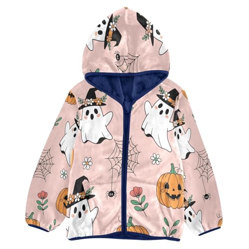 Halloween Ghosts Pumpkins Spiders Toddler Fleece Jacket Girl Boys Hooded Fleece Jacket Coat Warm Outwear Zip-up 3-10T
