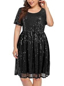 Wenrine Damen Große Größen Kleid mit Pailletten Plus Size Abendkleider A Line Partykleid Hochzeit Festlich Cocktailkleid,Schwarz,2XL