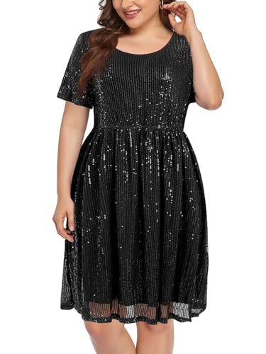 Wenrine Damen Große Größen Kleid mit Pailletten Plus Size Abendkleider A Line Partykleid Hochzeit Festlich Cocktailkleid,Schwarz,2XL