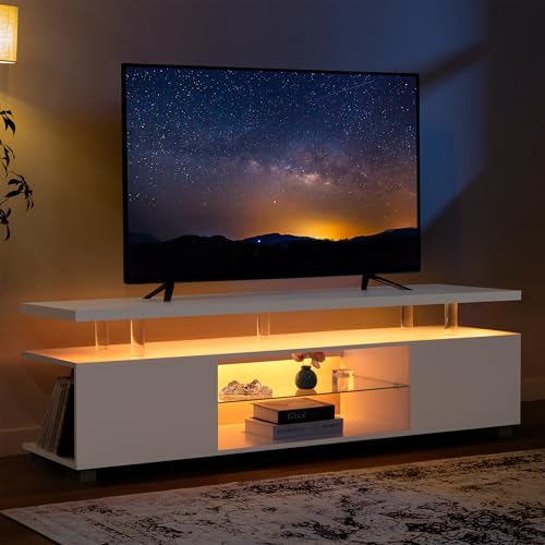 Image of White TV Stand for 70 inch TV, LED Entertainment Center with Storage | Adjustable LED Lighting, Acrylic Columns, Glass Shelf, Spacious Storage, Modern TV Cabinet for Living Room