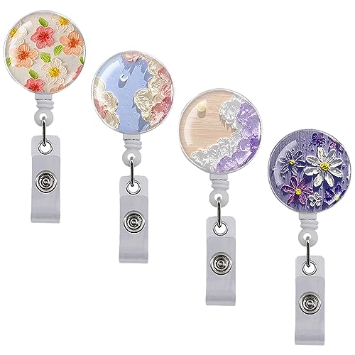 4 Pcs Flower Retractable Badge Reel Aesthetics ID Card Badge Holder Reels Oil Painting Retractable Badge Holder for Nurse Volunteer Teacher Student Office