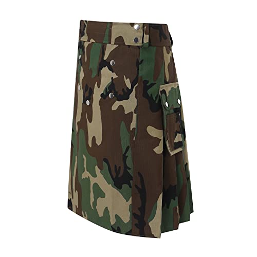 Kilt Saia escocesa para homem moda tradicional Escócia medieval Escócia saias plissadas homens junção saia escocesa roupa gótica saia utilidade clássica saia retro, camuflagem, L, Camuflagem, L