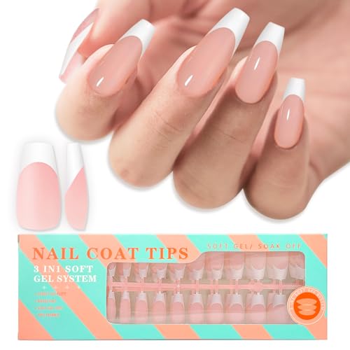 Medium Coffin Gel Nail Tips French Tips-Nude Soft Gel Fake Nail Tips 15 Sizes 150Pcs Pre-Primer&Base Coat&Color Gels French Nail Tips