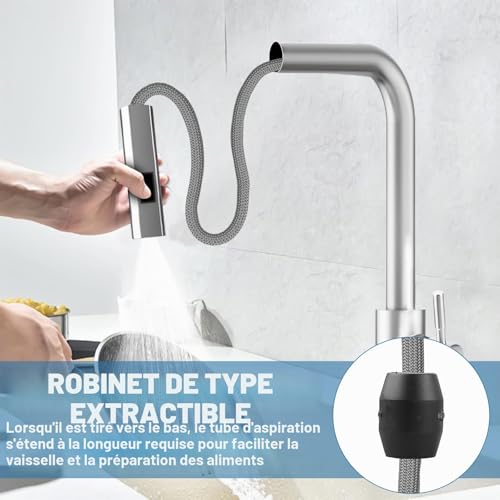 Robinet de cuisine extensible BAIFULAI mitigeur d'évier cascade acier inoxydable - 5