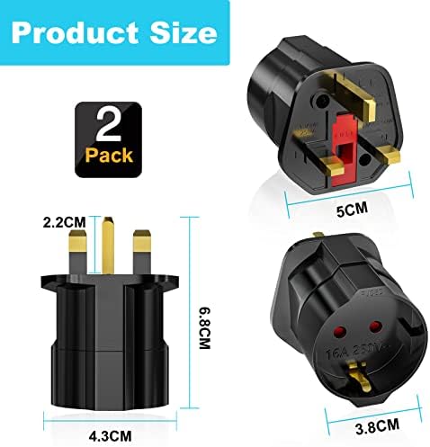 European to UK Plug Adaptor 2 Packs, EU to UK Plug Adapter with 13A Fuse, HITRENDS Plug Adapter 2 Pin to 3 Pin 3250W Max Travel Adaptor Euro to UK for France, Italy, Spain, Germany Euro to UK, Black
