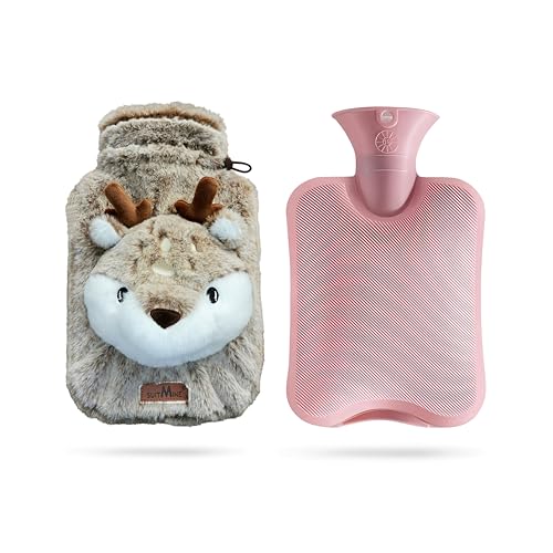 suitmine Hot Water Bottle PVC 2L Leak-Proof with Removable Plush Cute Deer Cover for Pain Relief Hot and Cold Therapy,Hands Feet Abdomen and Neck Warmer,Cord Lock,Brown