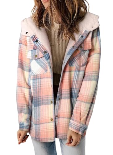 Women Fleece Jackets Casual Flannel Plaid Shacket, Women's Flannel Hooded Plaid, Womens Plaid Shacket Jacket