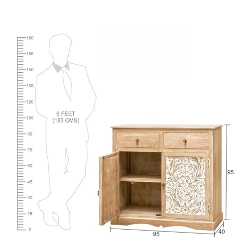 Image of The Attic Jodhpur Sideboard, Multipurpose Cabinet for Kitchen and Living Room Storage, Crockery Storage, Solid Wood Handcarved Marvel, Natural + White Matte Finish