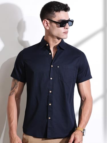 Image of Thomas Scott Men's Premium Slim Fit Casual Shirt | 100% Cotton Twill | Short Sleeves | Spread Collar | Solid Smart Casual Shirt for Men
