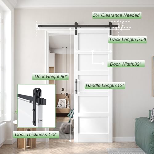 Image of Fredbeck 32x96 inch White Barn Door with 5.5FT Sliding Door Hardware Kit Included & Handle,Solid,MDF,PVC Surface,DIY Assembly,5-Panel
