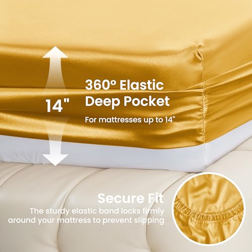 Image of Love's cabin Full Size Satin Sheet Sets - 4 Piece Gold Silky Sheet Set with Deep Pocket, Luxury Silk Feel Satin Sheets Full Bedding Set (1 Flat Sheet,1 Fitted Sheet,2 Pillow Cases)