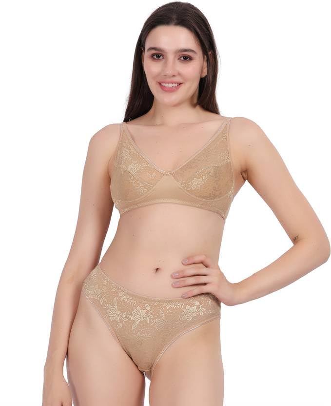 Soft Lycra Stretchable Bra Panty Set for Women, Non-Padded, Non-Wired, Floral Print, Lingerie Set