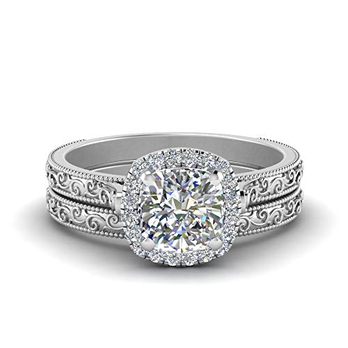 Image of Choose Your Gemstone Hand Engraved Halo Cushion Wedding Ring 925 Sterling Silver Cushion Shape Wedding Ring Sets Matching Jewelry Wedding Jewelry Easy to Wear Gifts US Size 4 to 12