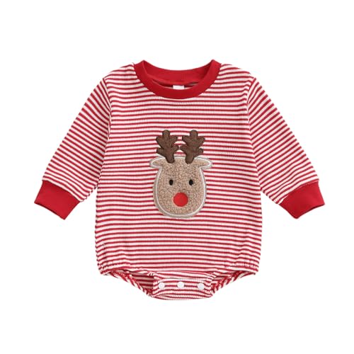 Raopuzi Body Navidad Bebe de Manga Larga Jersey de Punto Ropa de Una Pieza Navideño Linda Suéter Linda Bodies a Rayas Rojas con Reno Disfraces Navideño con Cuello Redondo Regalo para Recien Nacido