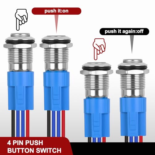 Image of Nilight 12mm Latching Push Button Switch 6pcs LED Blue Waterproof | Small Round Power Button Switches with Pre-Wiring Socket for Car Truck Boat Marine RV Vehicle