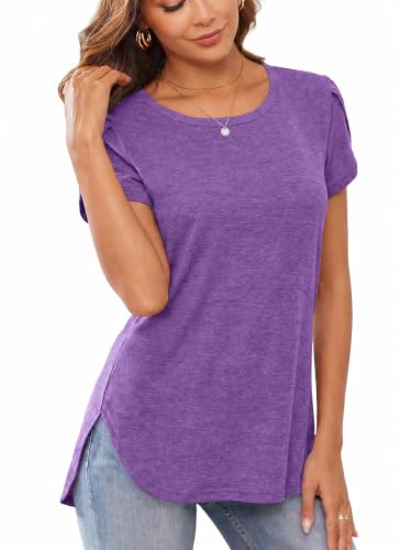 Image of Herou Women's Casual Long /Short Sleeve T Shirt Crewneck with Side Split Fall Pullover Loose Tunic Sweater Tops