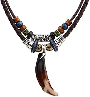 MJARTORIA Unisex Resin Wolf Tooth Beads Pendant Adjustable Brown PU Leather Cord Necklace