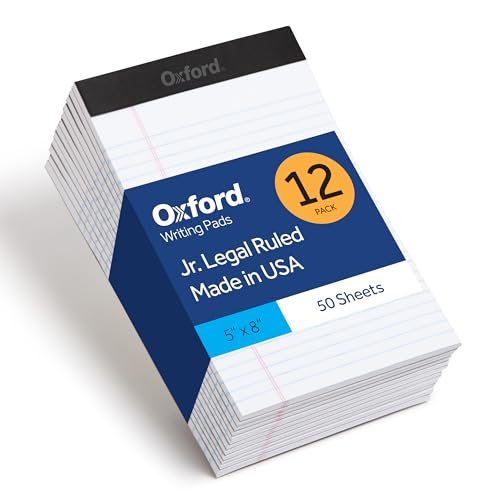 Oxford Legal Pads, 12 Pack, Premium Note Pads, 50 Legal Ruled 5' x 8' Sheets, Bright White Paper with Firm Back, Small Portable Notepads