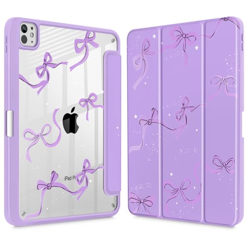 May Chen Case for iPad Pro 11-Inch M5/M4 2025/2024 (6th/5th Generation), Clear Transparent Print Back Shell Slim Stand Shockproof Tablet Cover, Auto Wake/Sleep, Purple Bows