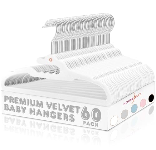 Image of HOUSE DAY Premium Velvet Baby Hangers 60 Pack, 11.4'' Kids Velvet Hangers, Sturdy for Closet, White Clothes Hangers, Toddler Infant Children Non-Slip for Nursery Use