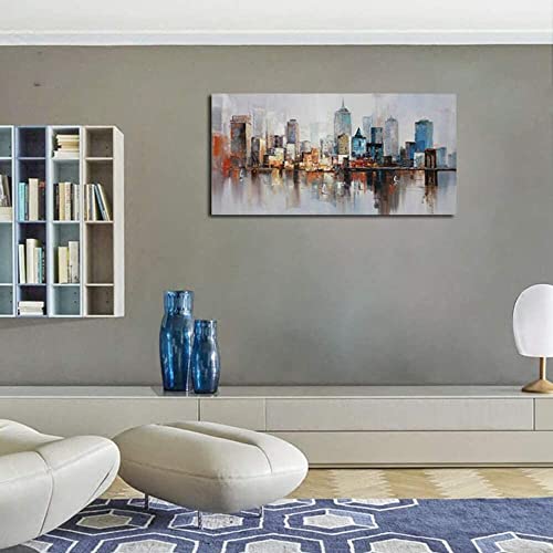 Arjun Brooklyn Bridge Wall Art Modern New York Abstract Canvas Cityscape Painting Large Framed, Colorful Nyc Skyline Textured Picture For Living Room Bedroom Home Office Decor 40"X20" Original Design #TOP2
