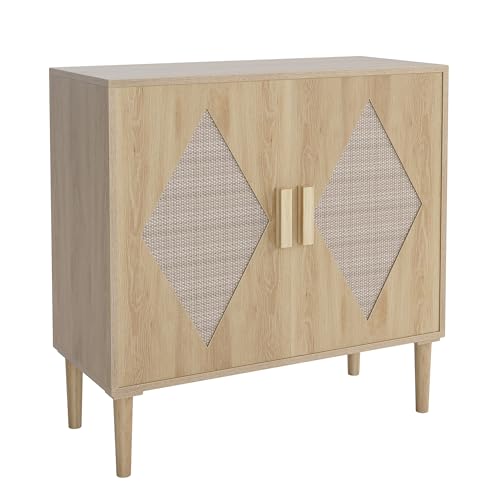 Garvee Aparador de Ratán con Almacenamiento, 2 Puertas con Decoración Tejida + Estantes Ajustables, Armario Multifuncional para Comedor y Cocina, Color Madera, 80×40×88 cm