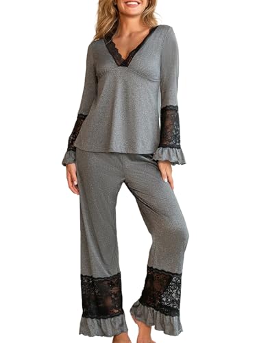 crazy bean Pijama Mujer Manga Larga con Encaje Conjunto de Pijama Largo de Volantes Camiseta y Pantalones Dos Piezas Suave Elegante para Otoño Primavera Gris S