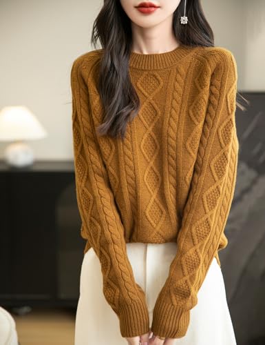 Women's 100% Merino Wool Sweater 2025 Fall Winter Casual Crewneck Long Sleeve Vintage Cable Knitted Sweater3